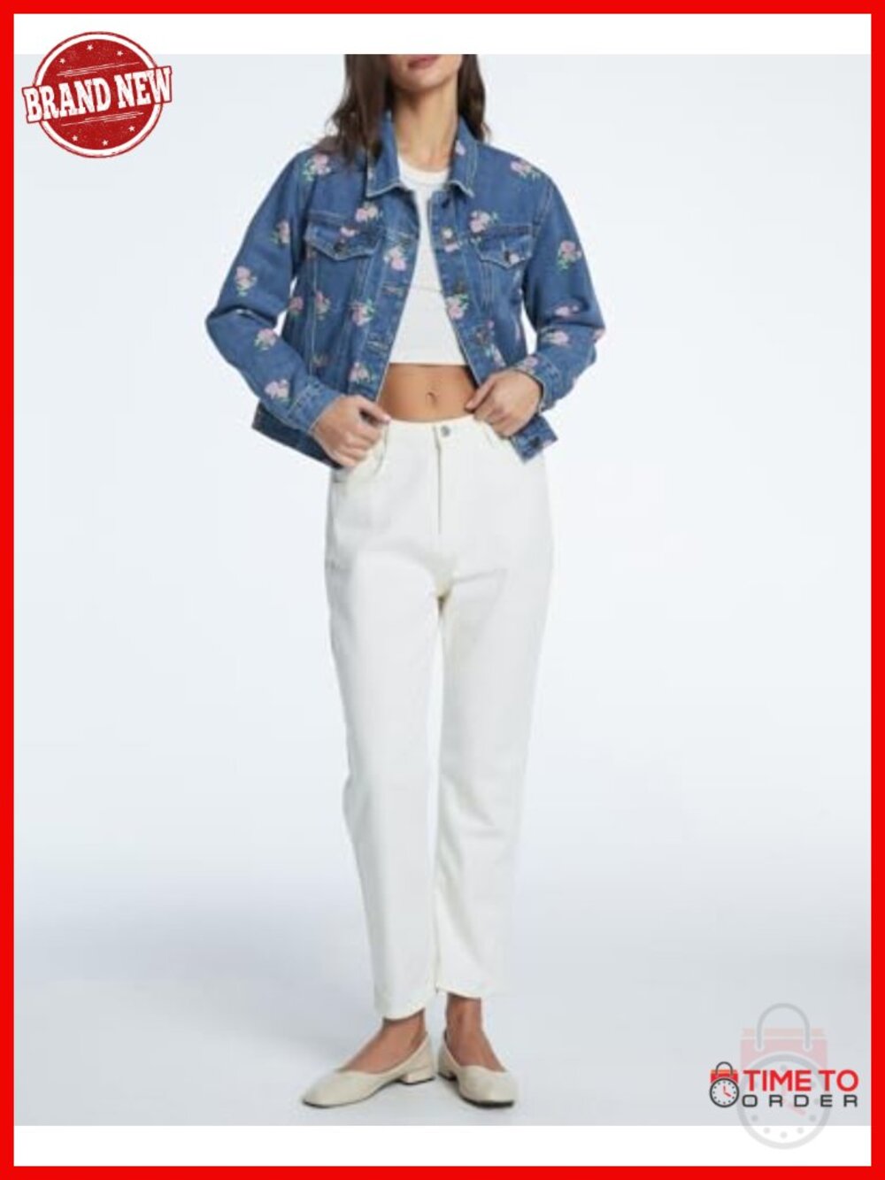 Women's Crop Floral Print Denim Jacket Long Sleeve Button Down - Picture 2 of 5